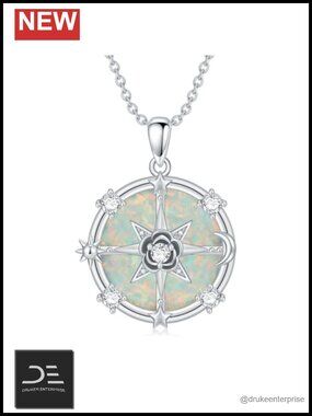Opal Compass Necklace 925 Sterling Silver Sun Moon Star Pendant Rose Flower